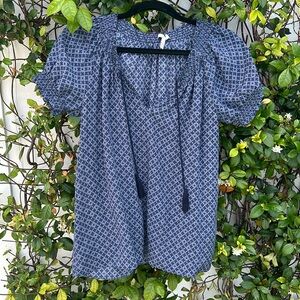 Joie Blue Geo Print Short Sleeve Peasant Blouse